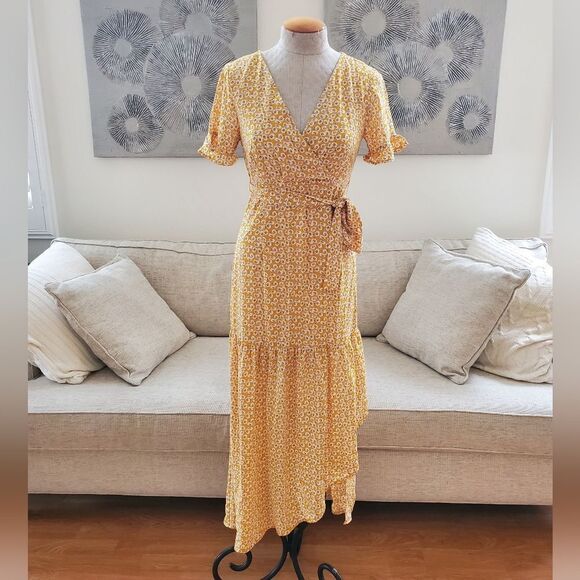 🌻 ONE CLOTHING 🌻 Floral Faux-wrap Maxi Dress - [Medium, Yellow] - Picture 4 of 12